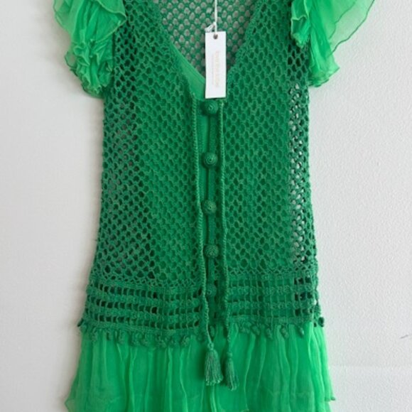 Anthropologie Love The Label Tiered Kelly Green Crochet Flutter-Sleeve Dress NWT - Picture 8 of 16
